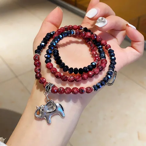 Mehrlagiges Perlenarmband Mit Elefant Und Herz Legierung Anhänger Rhodonit Glasperlen Ethnisch Böhmisch Vintage Für Damen