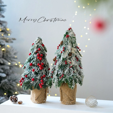 Mini Christmas Tree Tabletop Decor Artificial Flocked Cedar With Red Berries Pinecones And Burlap Base Winter Festive Ornament