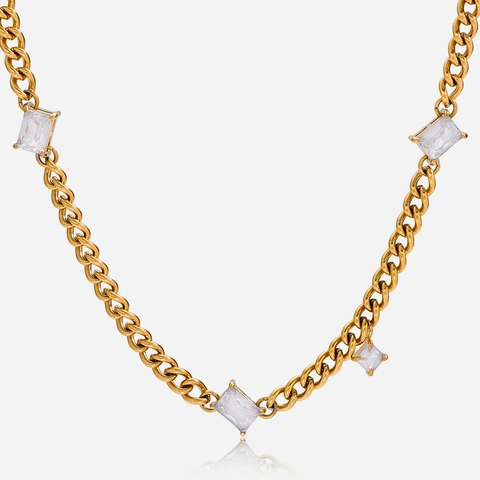 18K Gold Plated Stainless Steel Necklace Rectangular Cubic Zirconia Cuban Chain French Retro Waterproof Hypoallergenic