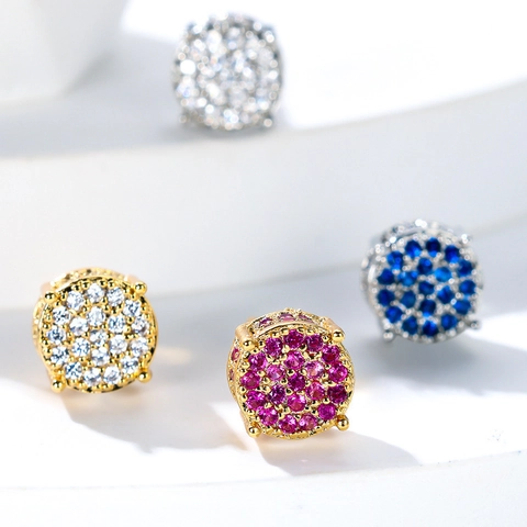 Pave Round Stud Earrings Iced Out Cubic Zirconia Hip Hop Fashion Geometric Alloy Sparkling Jewelry For Men And Women