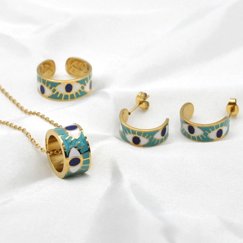 Evil Eye Jewelry Necklace Earrings Ring Titanium Steel Enamel Exotic Retro Style Women Fashion Accessory