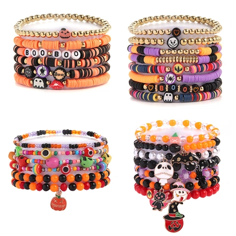 Halloween Bracelets Polymer Clay Acrylic Bead Alloy Charm Pumpkin Ghost Spooky Party Jewelry For Women
