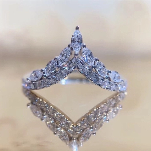 Anillo A Corona A Forma Di V Lega Strass Bianco Taglio Marquise Rotondo Eleganti Gioielli Da Sposa Per Donna