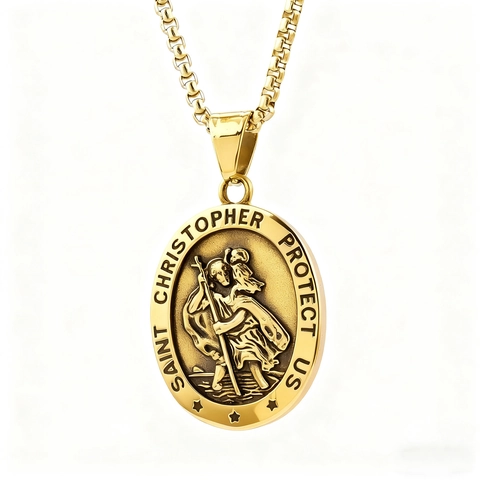 Collar Con Colgante De San Cristóbal Acero Inoxidable Medalla Ovalada Religiosa Pulida Joyería Vintage Para Hombres Y Mujeres