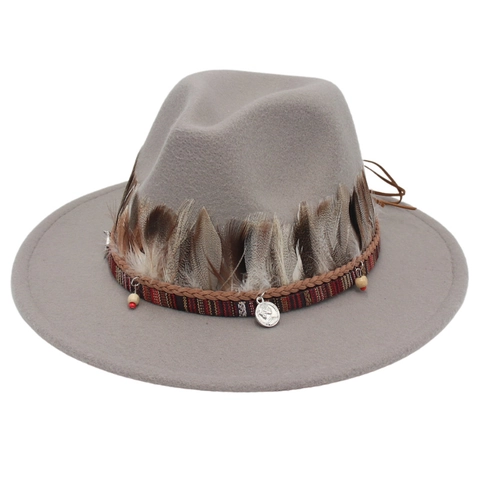 Bohemian Fedora Hut Wollfilz Breite Krempe Mit Naturfedern Holzperlen Legierungsmünzen Ethno Retro Stil Für Damen Herren