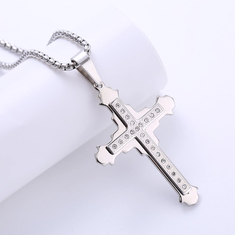 Collana Con Pendente A Croce Acciaio Inossidabile 316L Doppio Strato Strass Intarsiato Gioielli Religiosi Vintage Per Uomini Donne