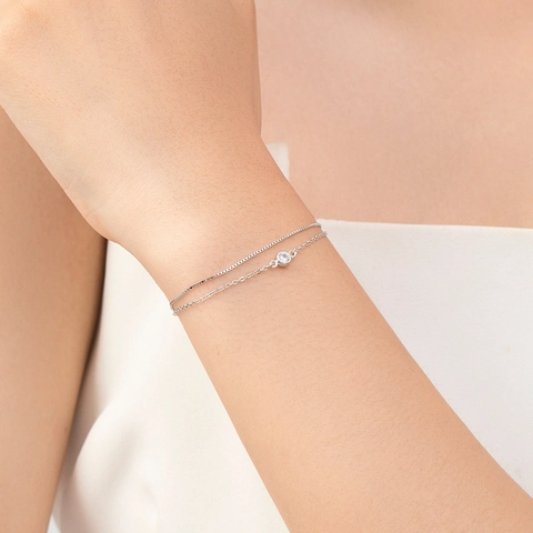 Bracciale In Argento Sterling 925 Da Donna Doppio Strato Zirconia Rotonda Incastonatura A Castone Minimalista