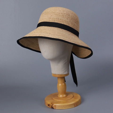 Women Raffia Straw Sun Hat Foldable Wide Brim Elegant Beach Summer Travel Split Back Ribbon Bow Bucket Hat