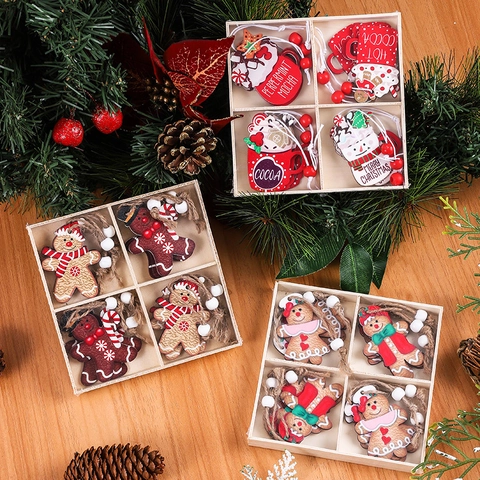 Christmas Hanging Ornaments Wooden Gingerbread Man Hot Cocoa Cup Gnome Festive Holiday Tree Decorations Painted