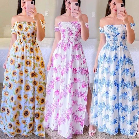Vestito Maxi Spalle Scoperte Da Donna Stampa Floreale Farfalla Spacco Laterale Vita Arricciata Estate Spiaggia Vacanza Elegante