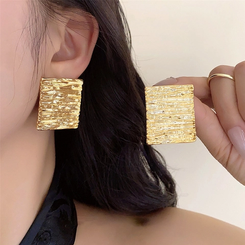 Geometric Square Stud Earrings With 925 Sterling Silver Earring Post Wrinkled Pleated Texture Metal Retro For Women