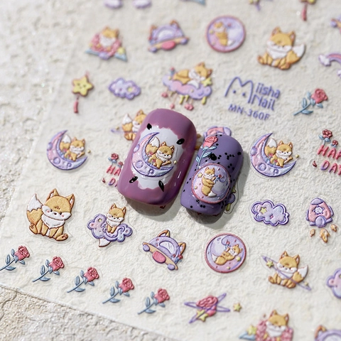 5D Embossed Nail Art Stickers Cute Cartoon Fox Shiba Inu Laser Holographic Self Adhesive Manicure Decals