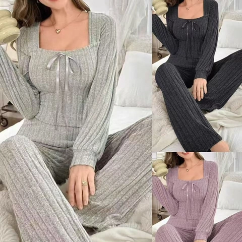 Pigiama Donna Maglia A Coste Scollo Quadrato Fiocco Maniche Lunghe E Pantaloni Larghi Abbigliamento Da Casa