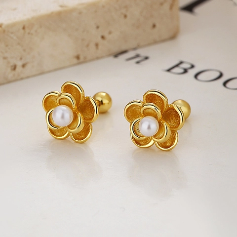 925 Argento Sterling Camelia Fiore Perla Artificiale Orecchini a Bottone per Donna Minimalista Moda Orecchini a Vite Gioielli