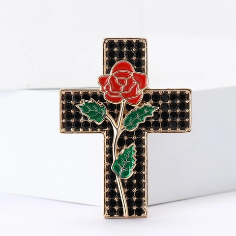 Spilla Vintage in Lega a Croce con Rosa in Smalto e Strass per Donna Accessorio per Gioielli in Stile Gotico Retrò