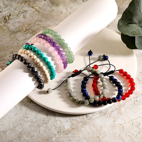Pulsera De Cuentas De Piedra Natural Cuerda Trenzada Ajustable Cristal De Sanación Ojo De Tigre Amatista Joyería