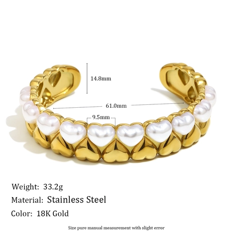 Pulsera De Puño Con Corazón De Perla Artificial Sintética Bañada En Oro Acero Inoxidable Joyería Elegante Para Mujer