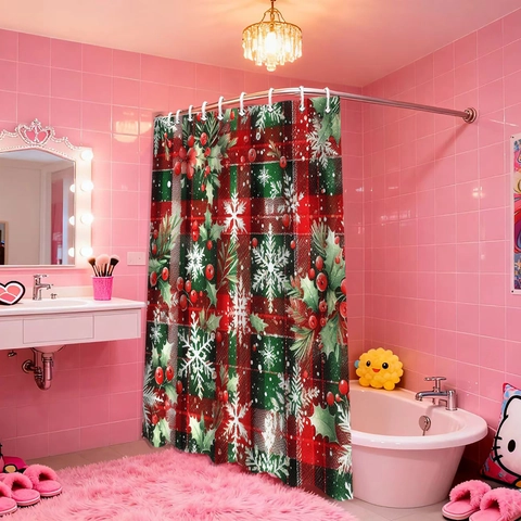 Rideau De Douche De Noël Polyester Imperméable Écossais Rouge Vert Flocon De Neige Baies Décor De Salle De Bain Avec Crochets