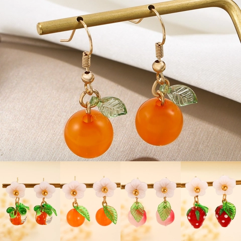 Sweet Fruit Drop Earrings For Women Alloy Resin Flower Strawberry Orange Peach Persimmon Dangle Earrings Ins Style Jewelry