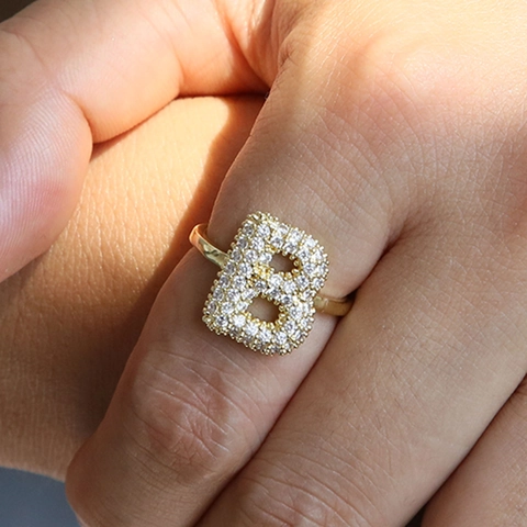Initial Letter Ring Copper Pave Zirconia Open Adjustable Alphabet Style Fashion Jewelry For Women
