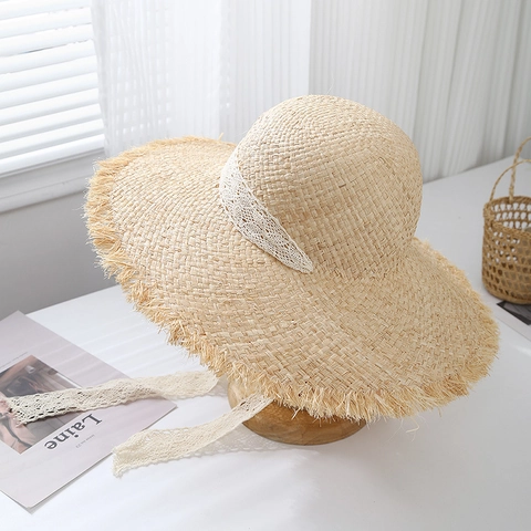 Chapeau Bob En Paille De Raphia Style Français Avec Ruban En Dentelle Large Bord Protection Solaire Vacances Pour Femmes