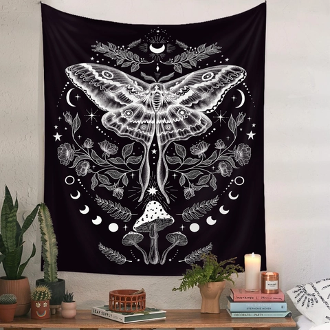 Tapestry Wall Hanging Polyester Moth Mushroom Moon Phase Stars Butterfly Vintage Bohemian Home Decor Aesthetic