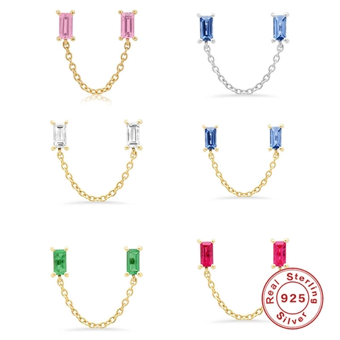 925 Sterling Silver Double Piercing Chain Earrings With Baguette Cut Zirconia Geometric Minimalist Linked Stud Jewelry