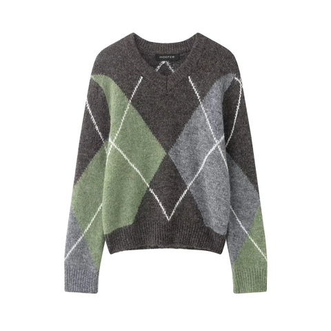 Maglione In Maglia Argyle Da Donna Scollo A V Maniche Lunghe Motivo Geometrico Vintage Top Casual Morbido