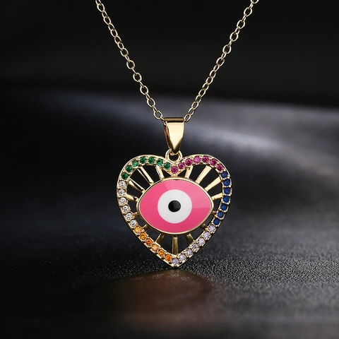 Evil Eye Herz Anhänger Halskette Kupfer 18K Vergoldet Bunte Zirkonia Emaille Romantischer Schmuck Für Damen