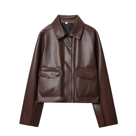 Damen Kunstlederjacke Kurz Dunkelbraun Umlegekragen Reißverschluss Lässig Taschen Streetwear Mode PU Oberbekleidung