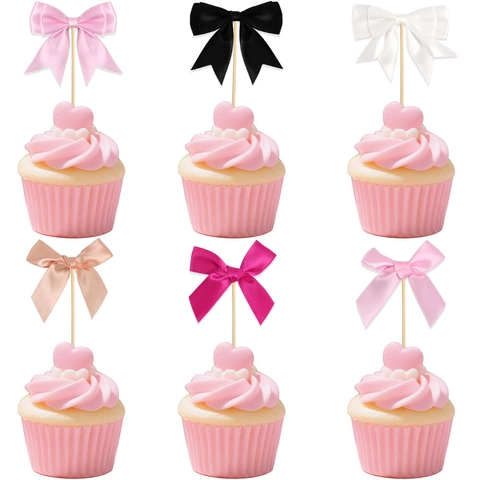 Cake Topper Bows Decorative Ribbon Satin Bowknot Wood Stick Dessert Cupcake Insert For Birthday Party Mother's Day Event