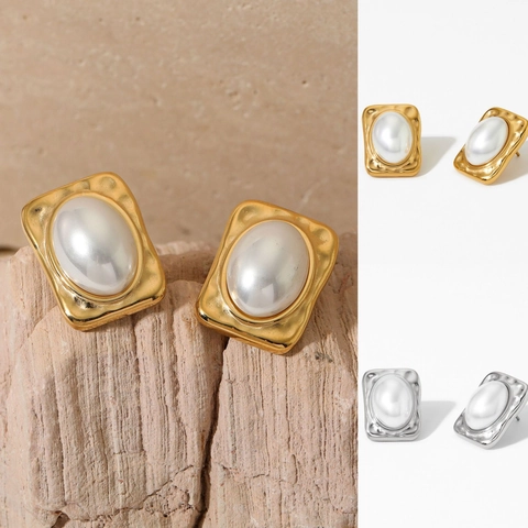 Vintage Baroque Stud Earrings With Faux Artificial Pearl And Hammered Stainless Steel Geometric Rectangular French Style For Women