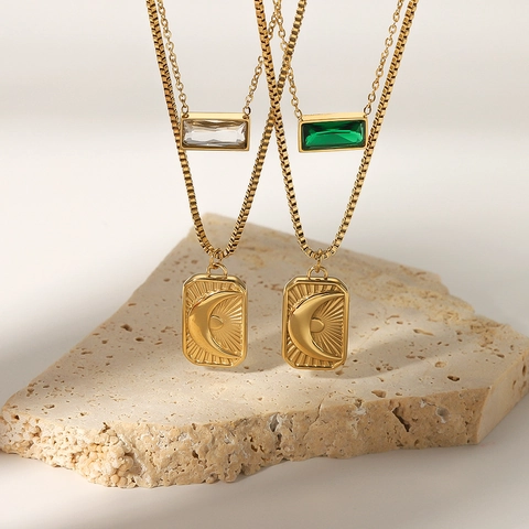 Sun Moon Anhänger Zweilagige Halskette Edelstahl 18K Vergoldet Mit Zirkon Retro Tarot Damen