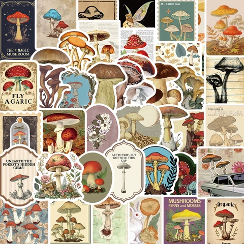 Adesivi Vintage in PVC Impermeabile con Funghi Illustrazioni Botaniche per Laptop Chitarra Bagagli DIY Scrapbooking Diario