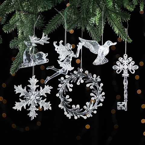 Christmas Tree Hanging Ornaments Transparent Acrylic Glitter Moose Angel Snowflake Bird Key Wreath Dancer Nordic