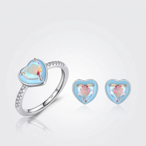 Anillo Y Pendientes De Corazón Plata De Ley 925 Con Circón Irisado Y Esmalte Azul Claro Para Mujer Estilo Dulce