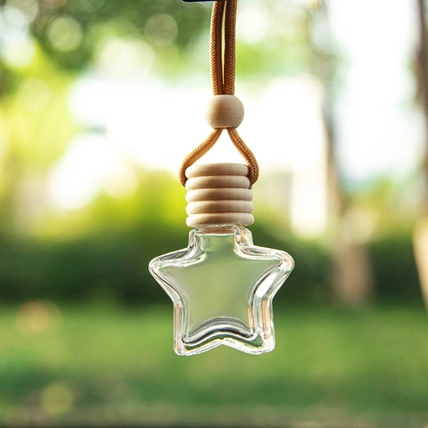 Star Shaped Empty Perfume Glass Bottle With Wood Lid And Braided Rope For Car Aromatherapy Essential Oil Hanging Ornament