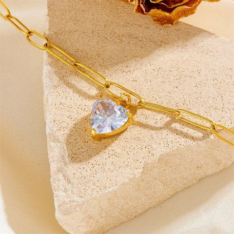 Pulsera Pendientes De Acero Inoxidable Con Colgante De Corazón Circonita Púrpura Cadena De Clip Chapado En Oro Regalo
