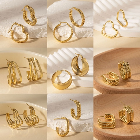 Stainless Steel Gold Plated Hoop Earrings For Women Vintage Geometric Woven Texture Wheat Ear Layered Heart Shaped