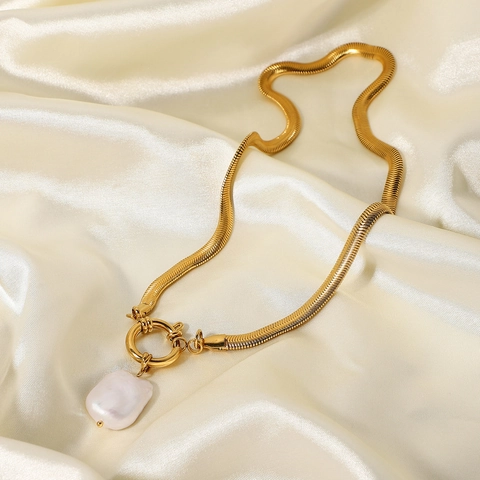 Collier en Acier Inoxydable Plaqué Or 18K pour Femme Français Vintage Baroque Pendentif Perle d'Eau Douce Bijoux