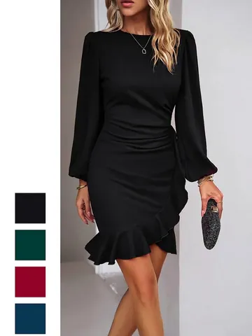 Women Long Sleeve Ruffle Hem Bodycon Mini Dress Ruched Waist Lantern Sleeve Solid Color Elegant Party Polyester