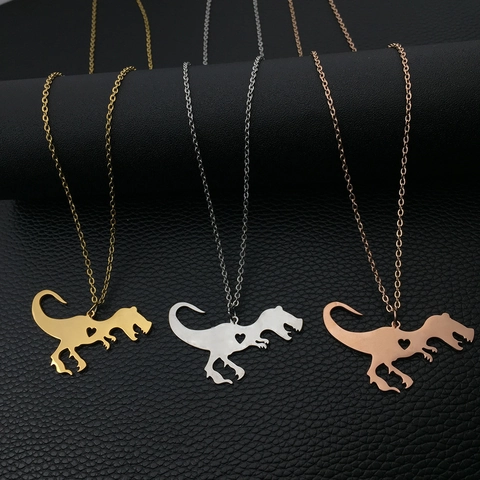 Collar Con Colgante De Dinosaurio T-Rex De Acero Inoxidable Corazón Calado Joyería Pulida Regalo Estético