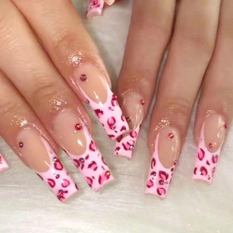 Unghie Finte Press On Lunghe A Bara Con Stampa Leopardata Rosa Punta Francesa E Decorazione In Strass Rosso Per Donne