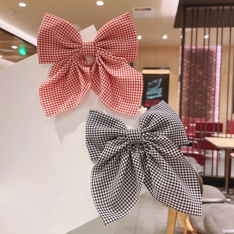 Large Bow Hair Clip Fabric Plaid Gingham Polka Dot Solid Color Elegant Duckbill Clip Headwear For Women Girls