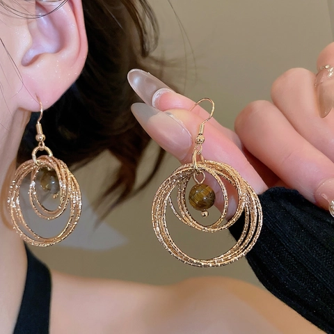 Vintage Gold Tone Multi Layered Round Ring Dangle Earrings With Tiger Eye Stone And 925 Sterling Silver Earring Post
