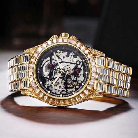 Mens Automatic Mechanical Watch Luxury Iced Out Full Diamond Hollow Skeleton Stainless Steel Gold Plated Hip Hop Fashion