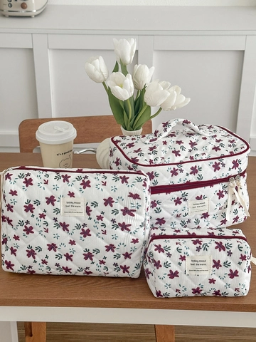 Gesteppte Cord-Kosmetiktasche Blumenmuster Reise-Kulturbeutel Organizer Tragbare Große Kapazität Reißverschlusstasche Für Damen