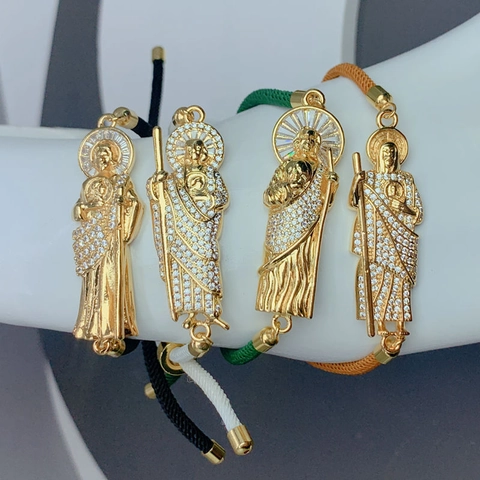 Bracciale Religioso San Giuda in Rame da Donna Zirconia Micro Intarsiata Oro Placcato Bracciale Regolabile in Corda Intrecciata Regalo Gioielli
