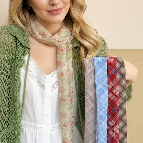 Vintage Bloemen Geprinte Polyester Sjaal Ketting Retro Ruitjes Stof Chiffon Nek sjaal Voor Vrouwen Mode Sieraden Accessoires