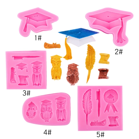 Graduation Theme Silicone Mold Bachelor Cap Diploma Medal Owl For Fondant Chocolate Cake Decoration DIY Baking Tools